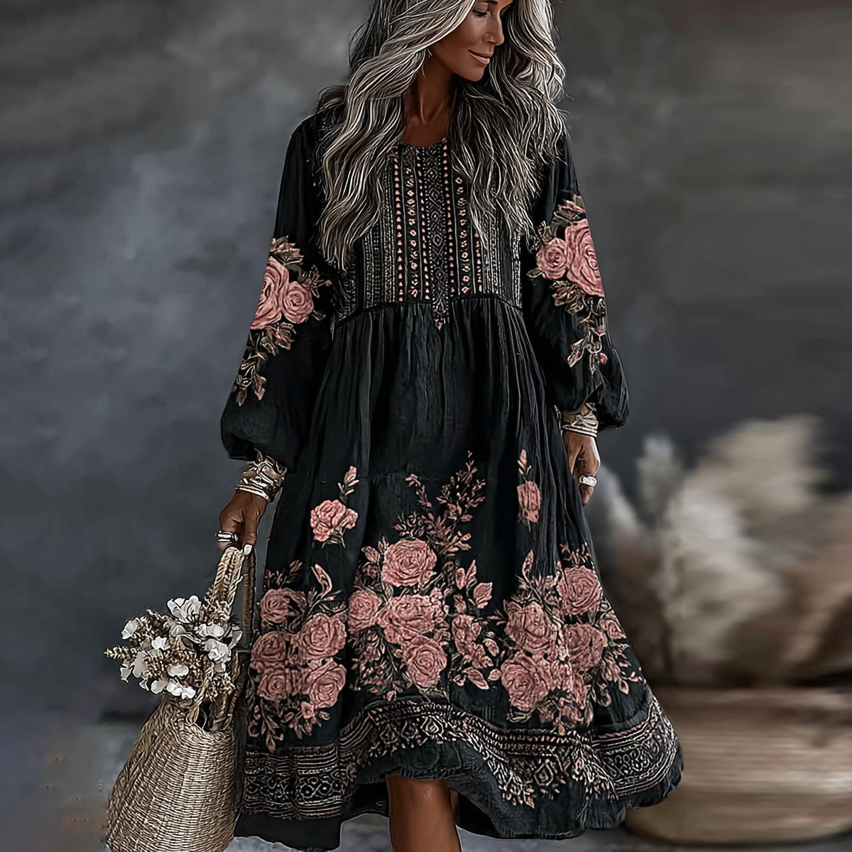 Women's Vintage Floral Art Flowy Linen Blend Casual Round Neck Long Sleeve Maxi Dress