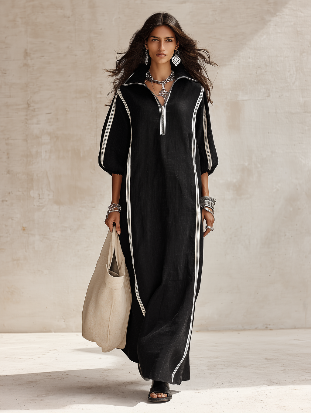 Women's Zip Collar Contrast Striped Long Sleeve Maxi Dress