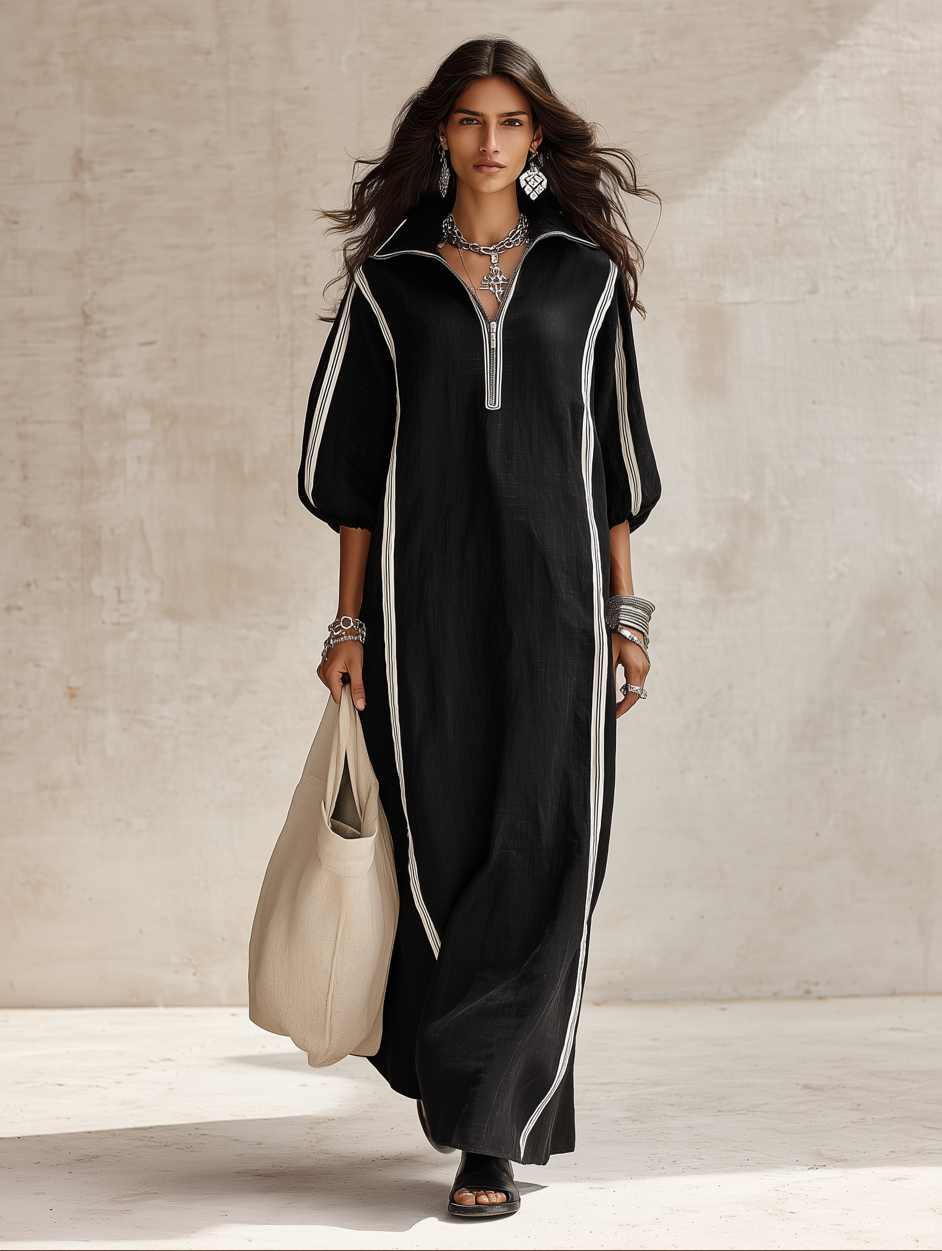 Women's Zip Collar Contrast Striped Long Sleeve Maxi Dress