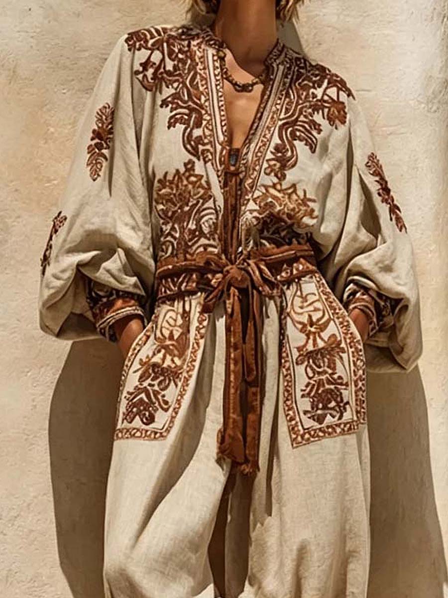 Women's Vintage Art Print V-neck Long Sleeve Cotton Linen Jumpsuit
