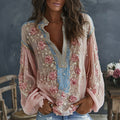 Women's Spring Floral Embroidered Art Print Flowy Linen Blend Casual Shirt