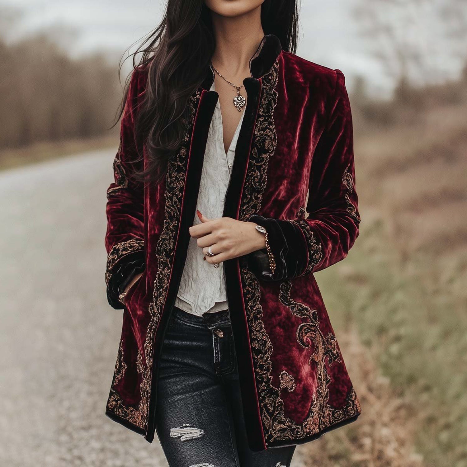 Regal Bohemian Velvet Embroidered Blazer | Vintage Opulence Outdoor Jacket ✨