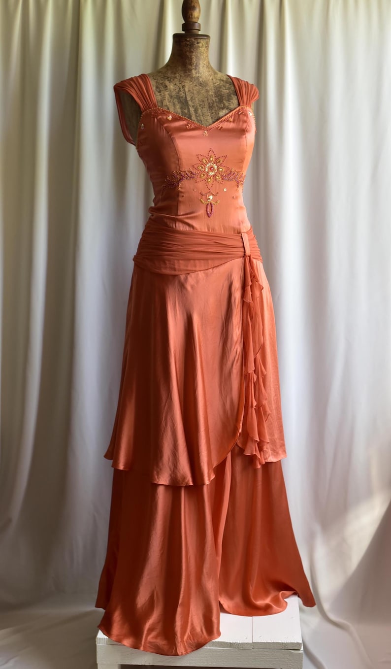 Y2K Vintage Silk Maxi Dress: Fairycore Style Beaded Floral Print Party Dress