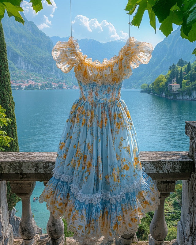Summer Vacation Ruffle Lace Chiffon Contrast Dress ecd1
