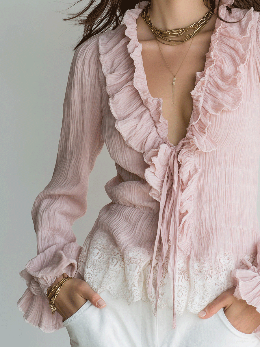 Romantic Boho Chiffon Ruffle Deep-V Lace-Hem Blush Pink Blouse