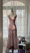 Pink Purple Romantic Fashion Elegant Exquisite Beaded Spaetti Strap Long Tulle Chiffon Ruffle Ball Gown Evening Gown Party Dress 4059