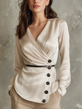 Elegant Ivory Wrap Button Blouse