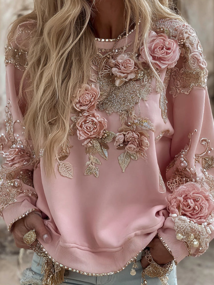 Women's Pink Rose Embroidery Art Round Neck Long Sleeve Casual Sweatshirt