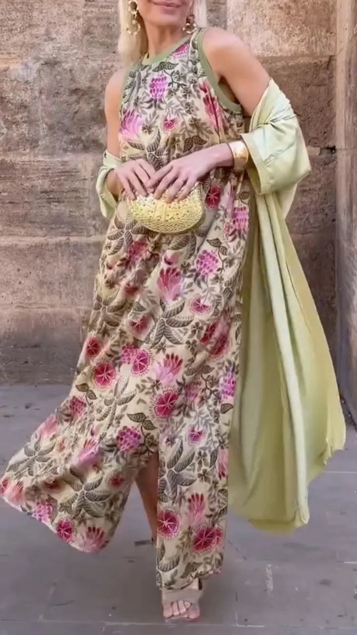 Women's Satin Long Cardigan & Printed Dress Set