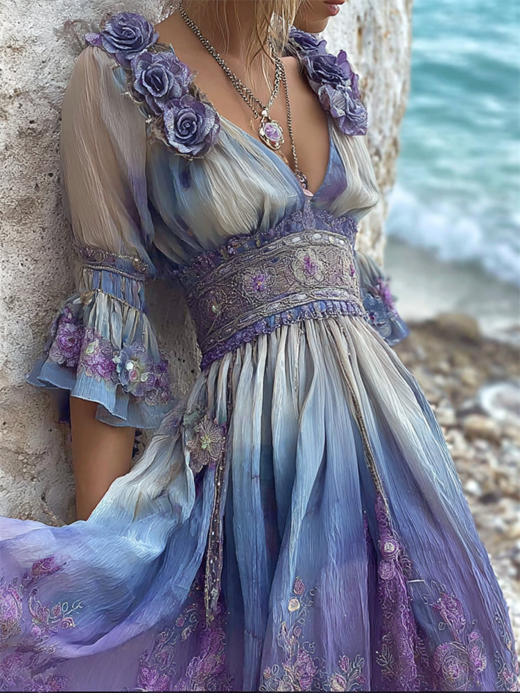 Boho Roses Floral Embroidered Gradient Flowy Linen Maxi Dress