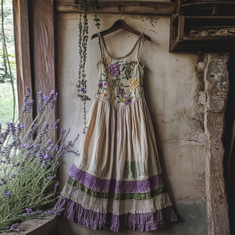 Vintage Tribal Embroidered Violet Floral Art Linen Maxi Dress