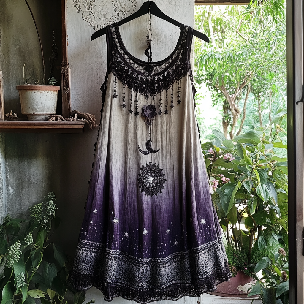 Women's Vintage Tribal Stars And Moon Embroidered Sleeveless Dress