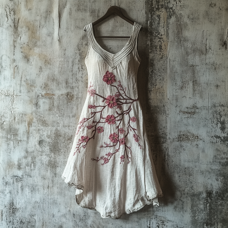 Vintage Celtic Knot With Cherry Blossoms Pattern Linen Tank Dress