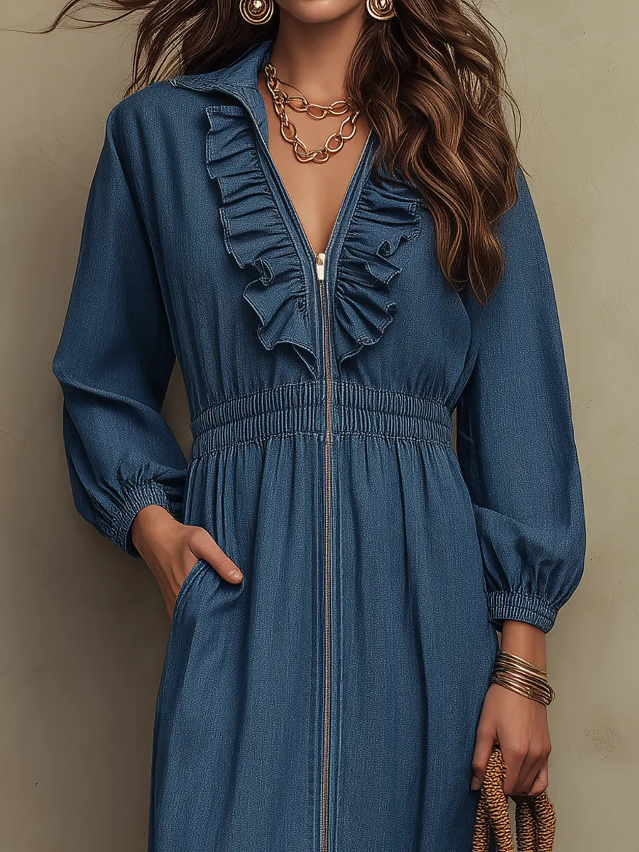 Classic Denim Blue Ruffle Zip Maxi Dress