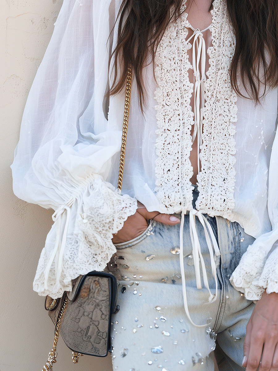 Romantic Boho Cotton-Gauze Crochet-Lace Tie-Front White Peasant Blouse