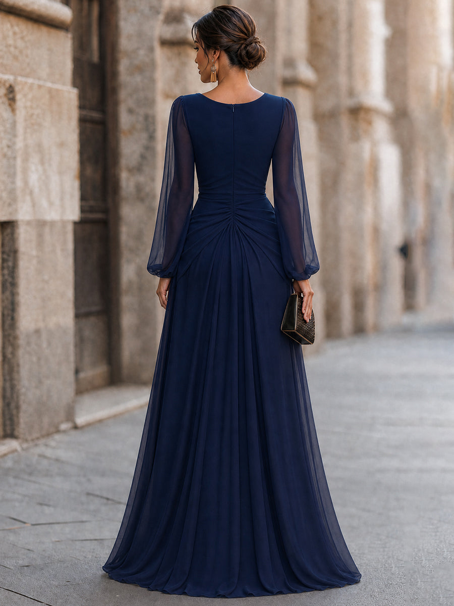 Draped Cowl Neck Ruched Slit Evening Gown
