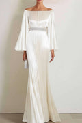 Formal Evening Gown Off The Shoulder White Long Dress Pleated Satin Maxi Dress