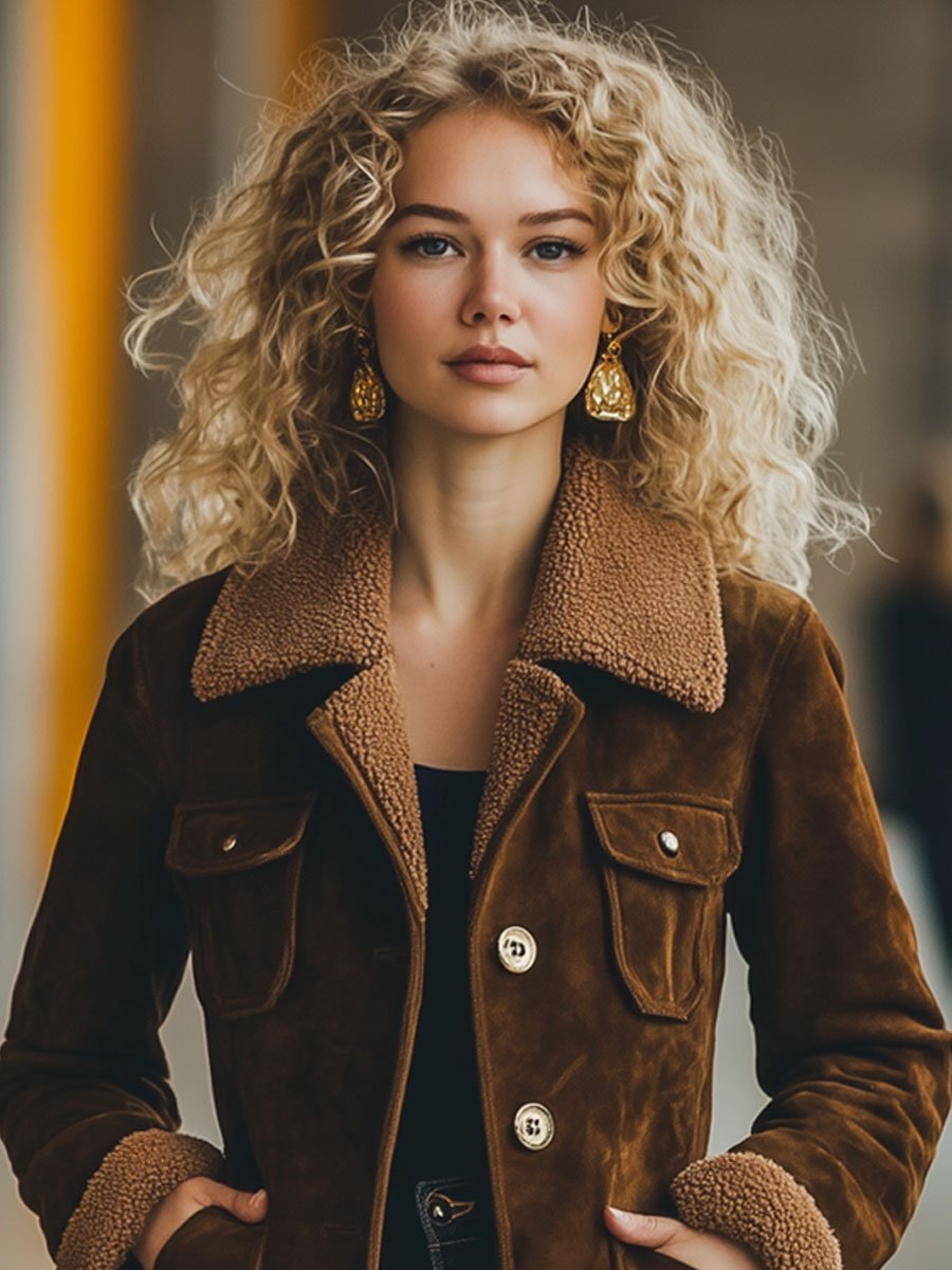 [24-hour shipping out]Casual Loose Retro Suede Lamb Wool Patchwork Multi-Pocket Coat