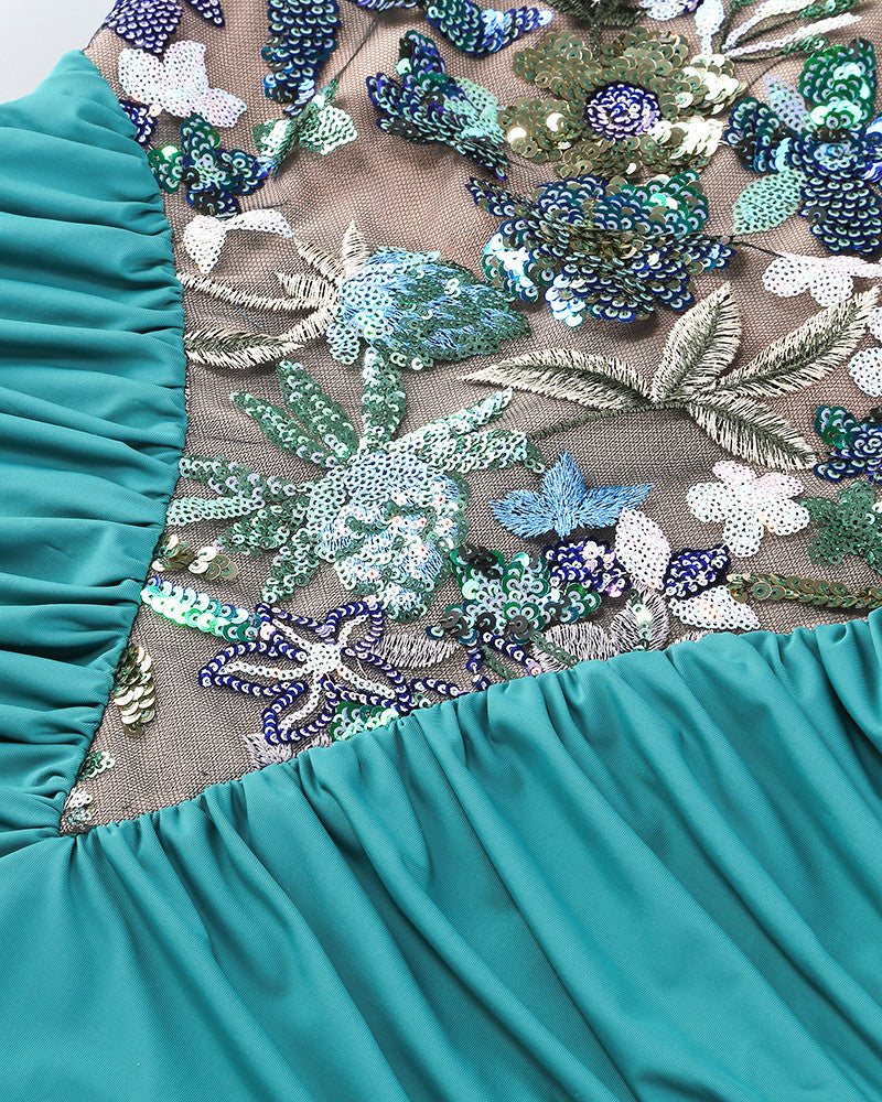 Halter Floral Sequin Embroidered Maxi Dress Green