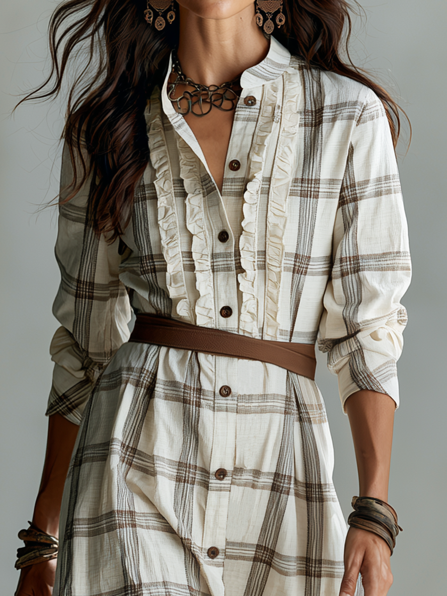 Classic Ivory Plaid Ruffle Shirt Midi Dress