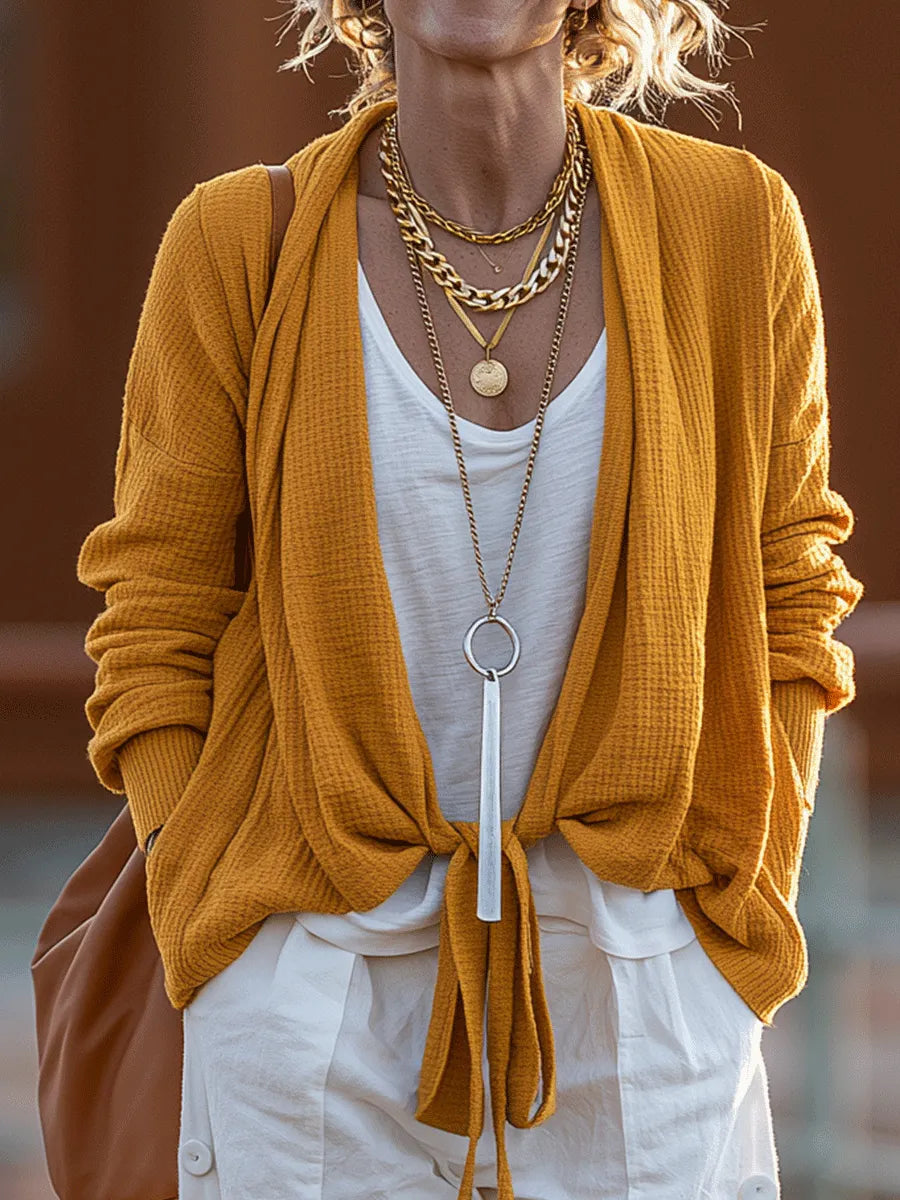 Coastal Boho Mustard Knit Cardigan & White Linen Cargo Pant Set