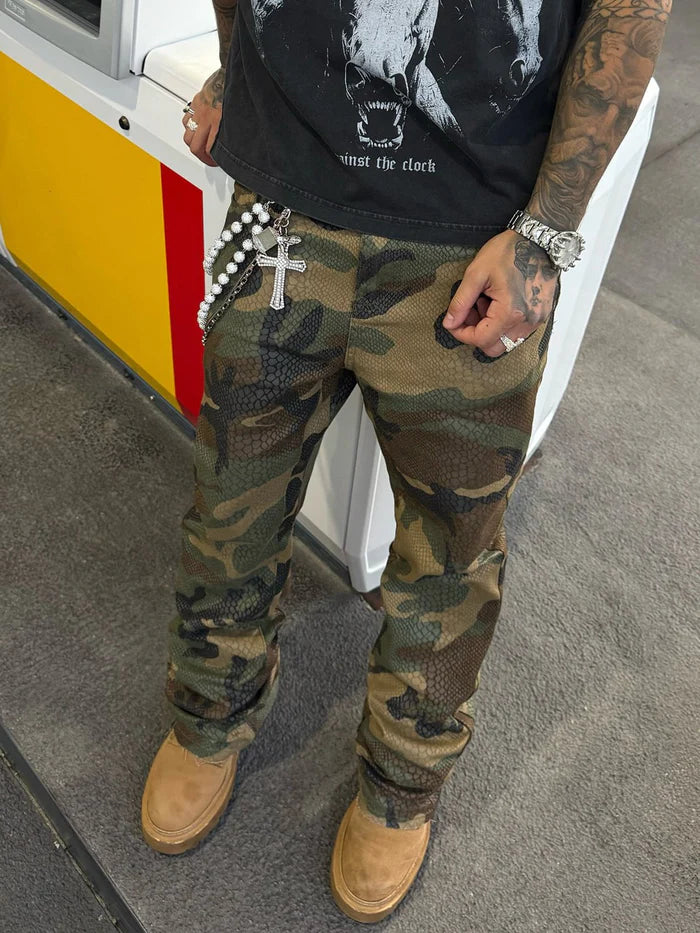 Men's Camo Snake Print Flared Jeans