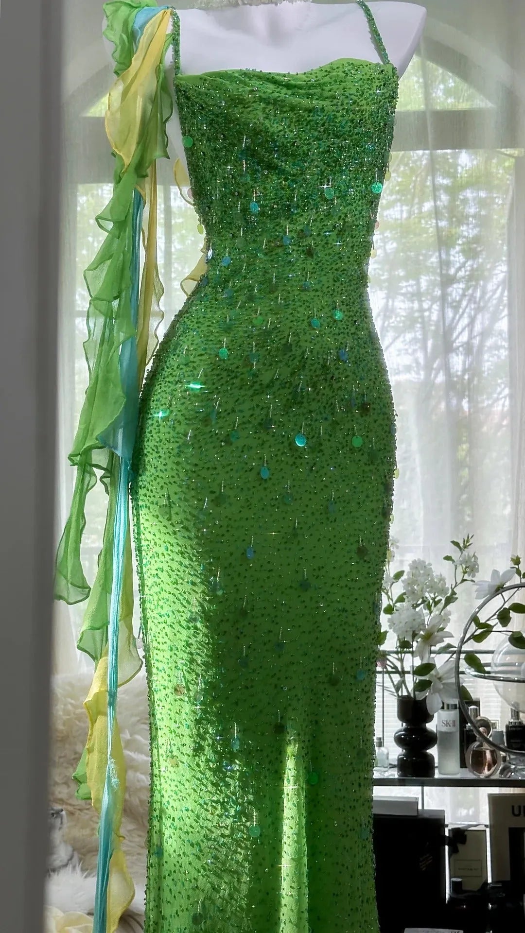 Vintage Evening Dresses, Green Sequin Mermaid Sleeveless Long Party Gowns  25530