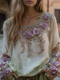 Women's Purple Romantic Vintage Round-neck Long-sleeved Shirt