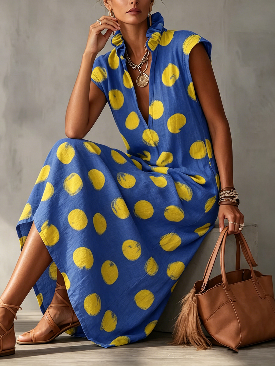 Artistic Brushstroke Polka Dot Cotton-linen Dress