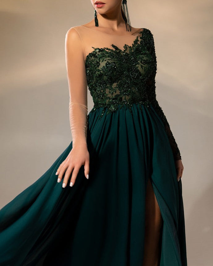 rhinestone one-shoulder chiffon dress - 01
