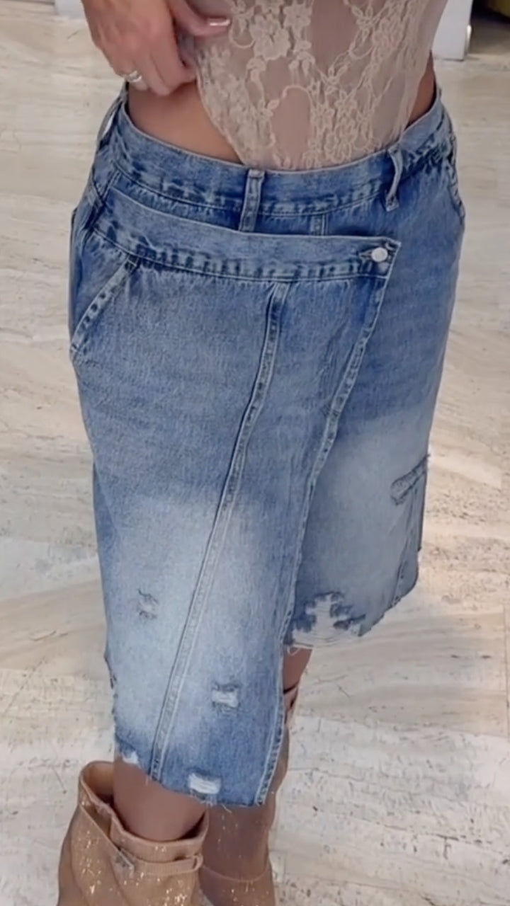 Lace 2 in 1 Crop Top + Asymmetric Denim Shorts Set