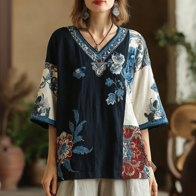 Women's Floral Pattern Color Block Linen V-neck T-shirt