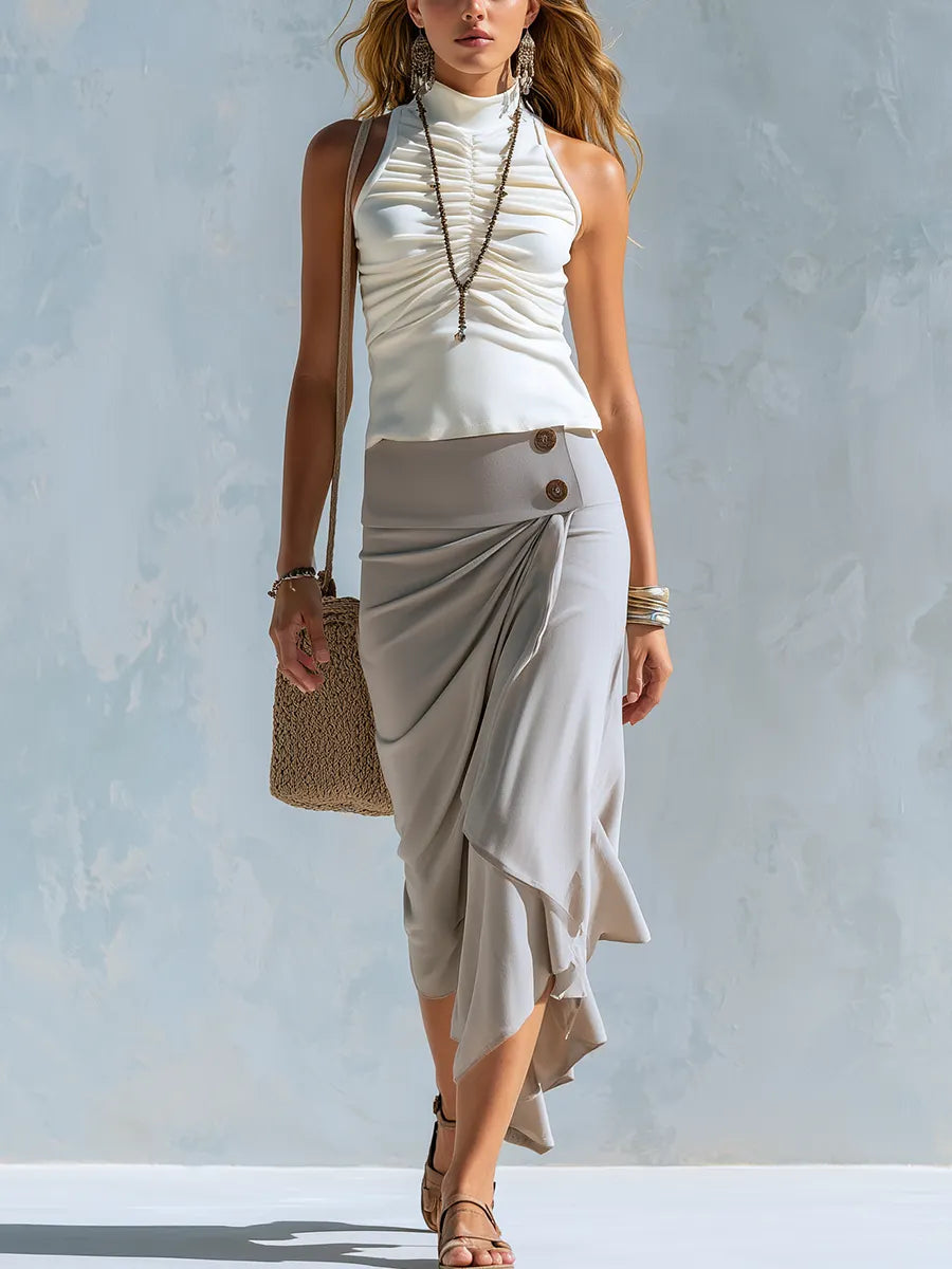 Bohemian Style Gray Pleated Button Down Skirt