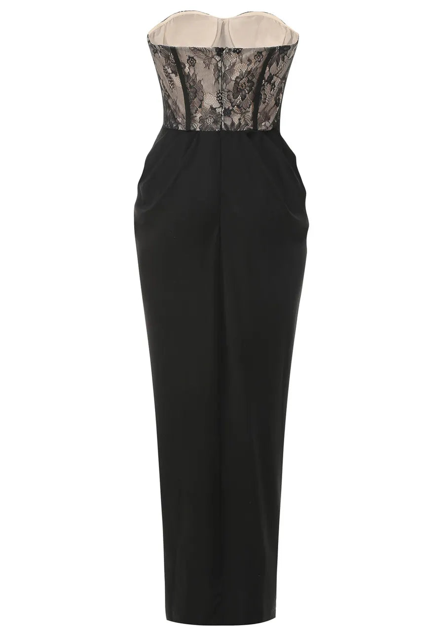 Strapless Lace Bustier Draped Maxi Dress Black