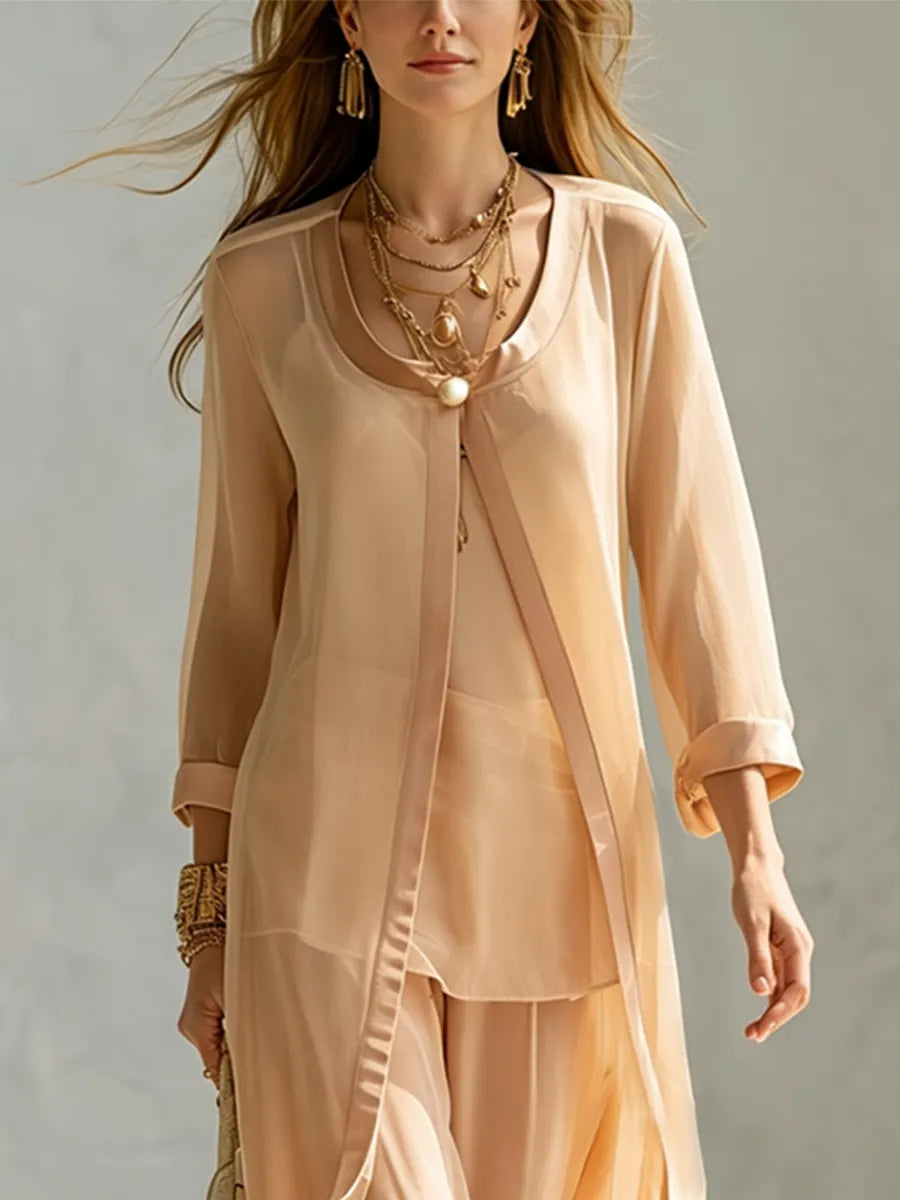 Resort Style Sheer Cover Up Camisole Wide Leg Pants Set