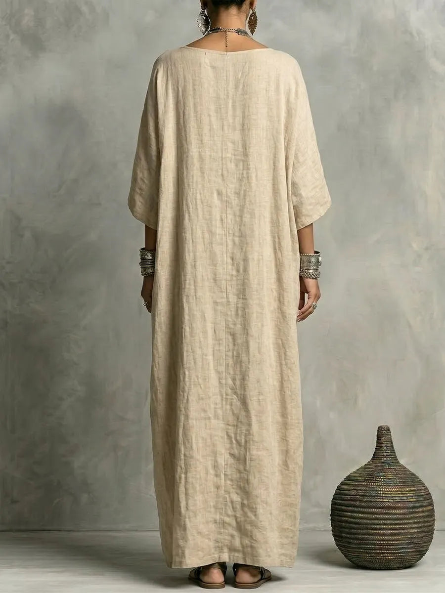 Women's Round-neck 3/4-sleeve Single-breasted Cotton-linen Maxi Dress