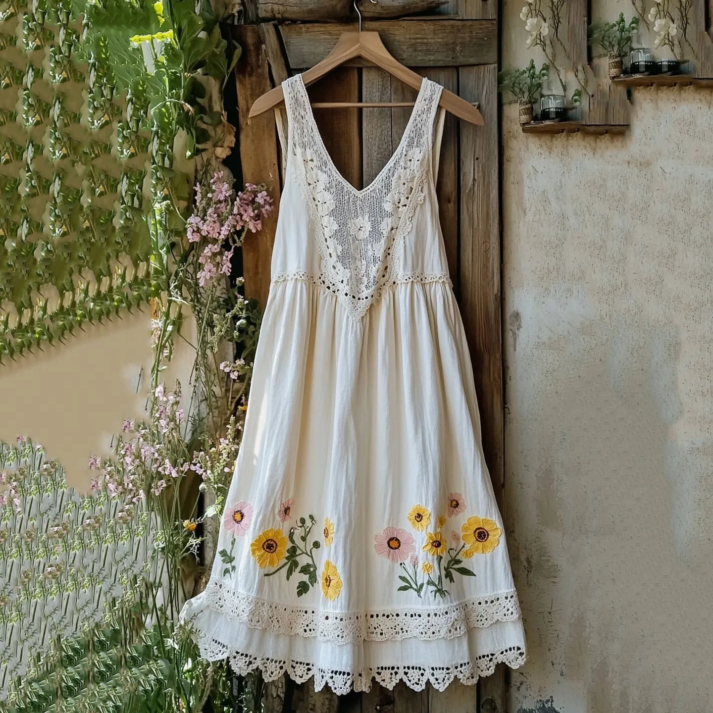 Floral Embroidered Sleeveless Linen Blend Midi Dress