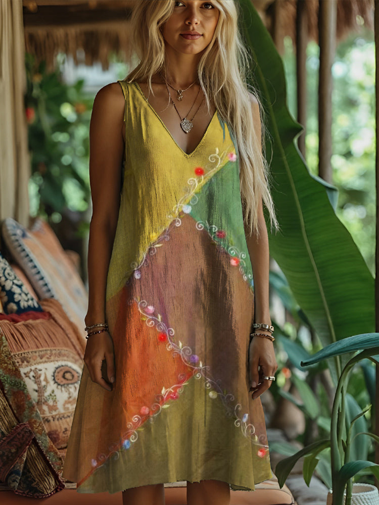 Boho Lace Floral Patchwork Art Women's Linen Tank Dress