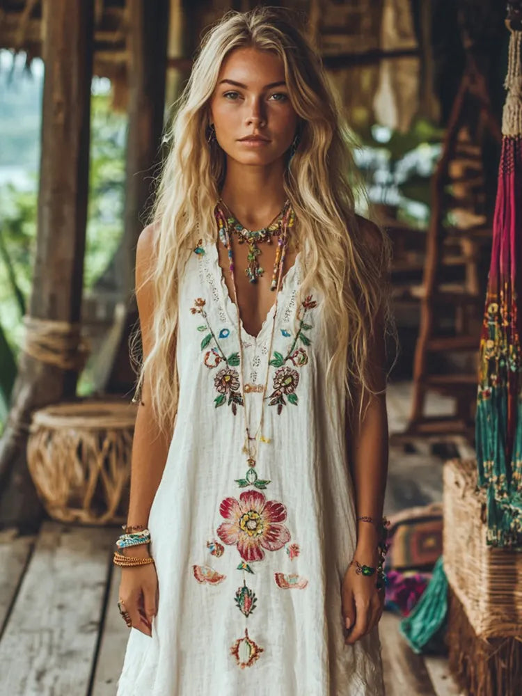 Boho Floral Embroidery Tassel Art Sleeveless Cozy Linen Madi Dress