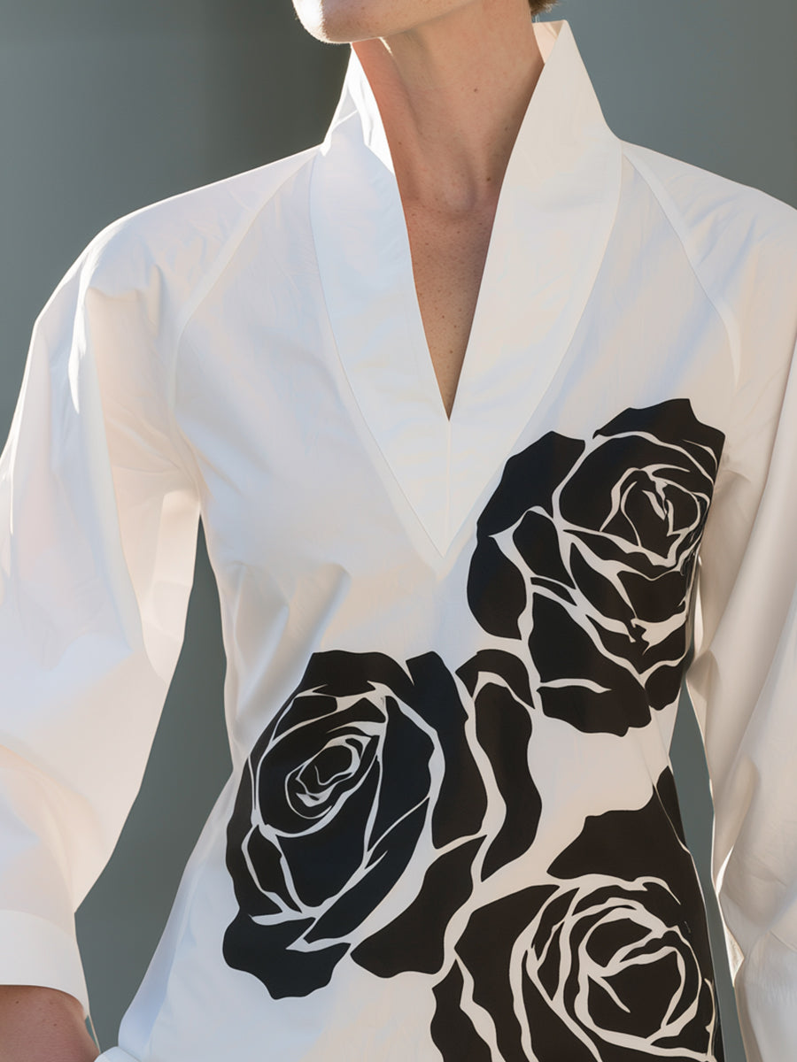 Rose Floral Print V-Neck Blouse