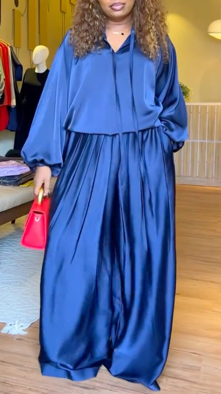 Satin V-Neck Blouse & Wide-Leg Pants Set