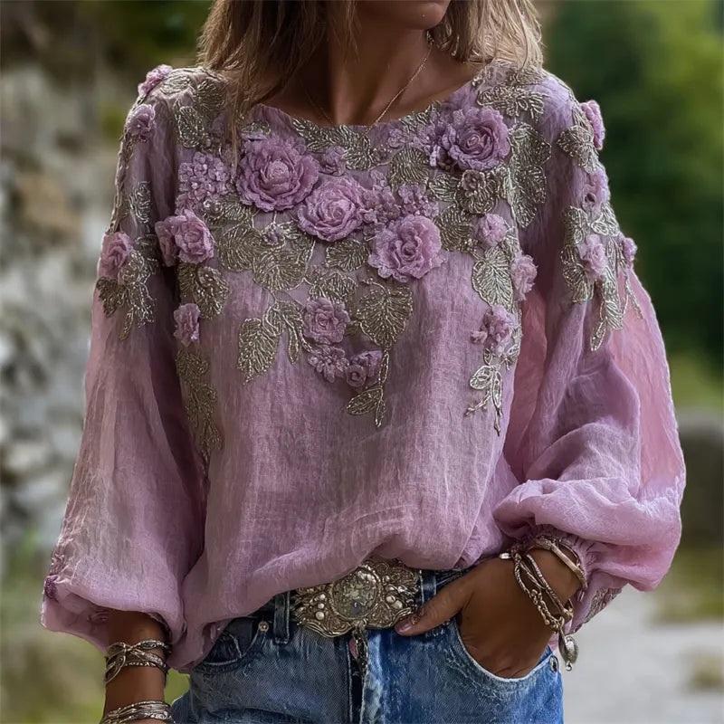 Vintage Lavender Roses Glitter Embroidered Linen Tunic