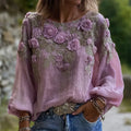 Vintage Lavender Roses Glitter Embroidered Linen Tunic