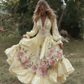 Women's Vintage Roses Embroidery Art V-neck Long Sleeves Maxi Dress