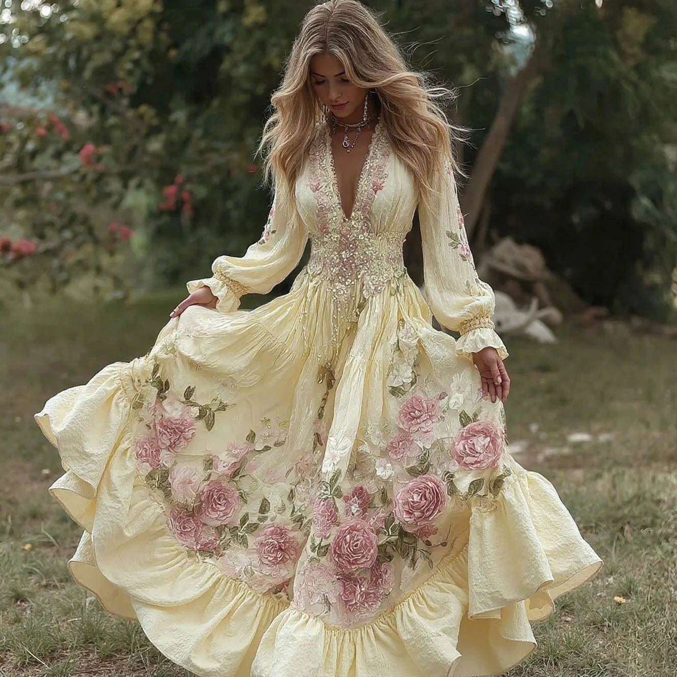 Women's Vintage Roses Embroidery Art V-neck Long Sleeves Maxi Dress
