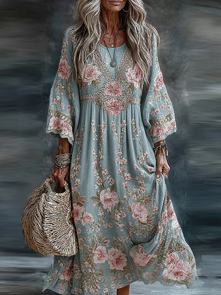 Women's Floral Art Flowy Linen Blend Casual Long Sleeve Maxi Dress