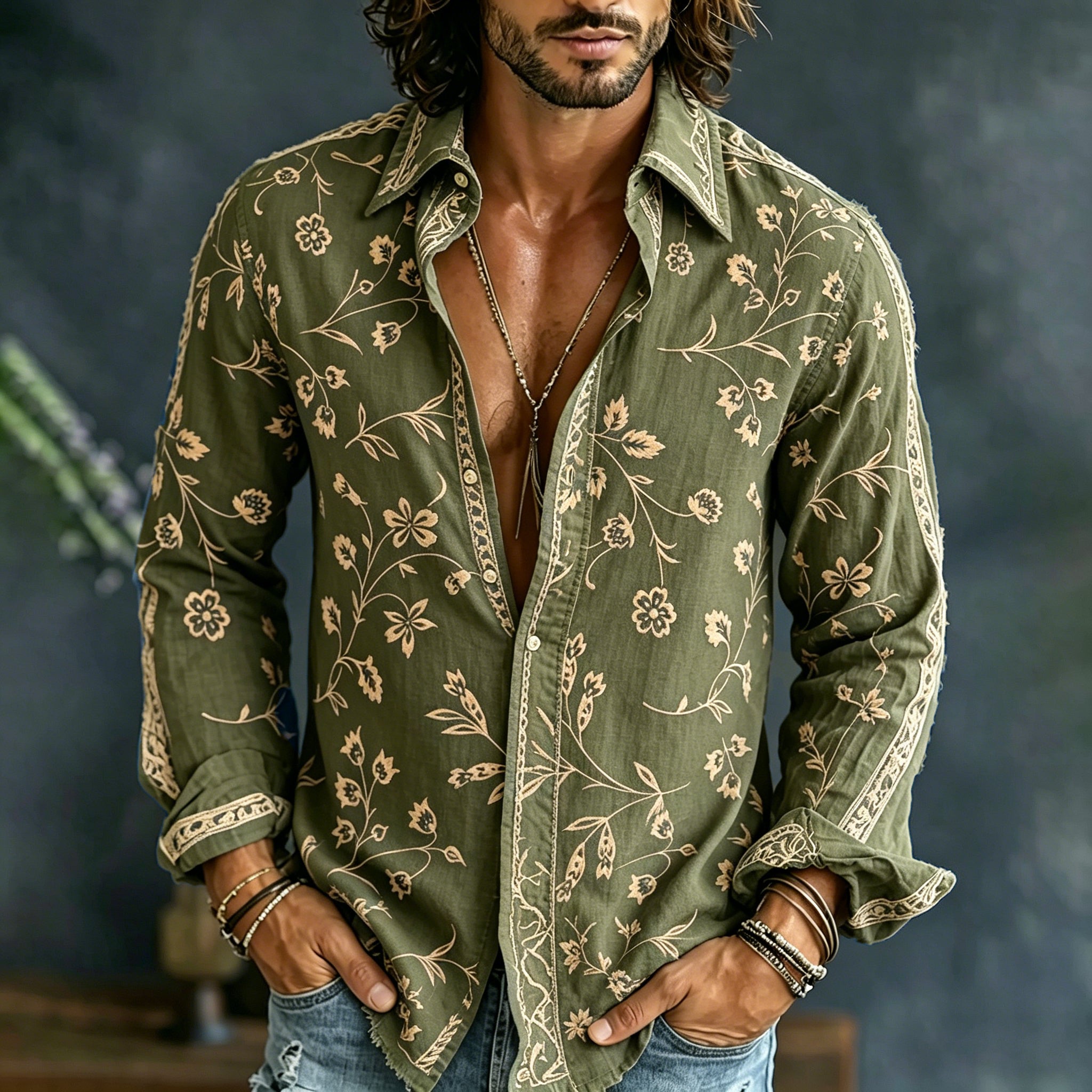 Men's Vintage Spring Floral Embroidered Art Print Flowy Linen Blend Casual Shirt