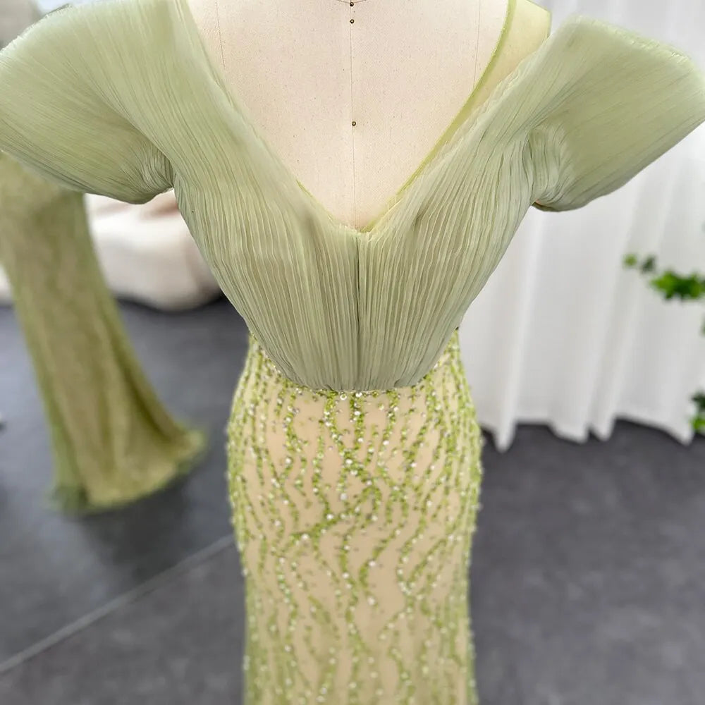 Dreamy Vow Olive Green Luxury Dubai Evening Dresses Elegant Off Shoulder Mermaid Arabic Women Wedding Formal Party Gowns 377