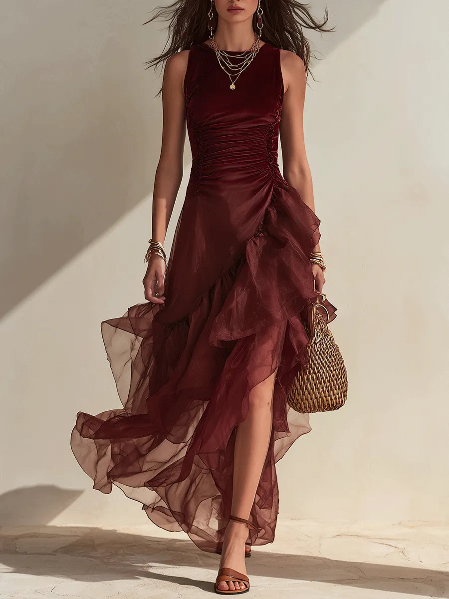 Effortless Coastal Elegance Wine Red Draped Tiered Hem Evening Maxi Dress