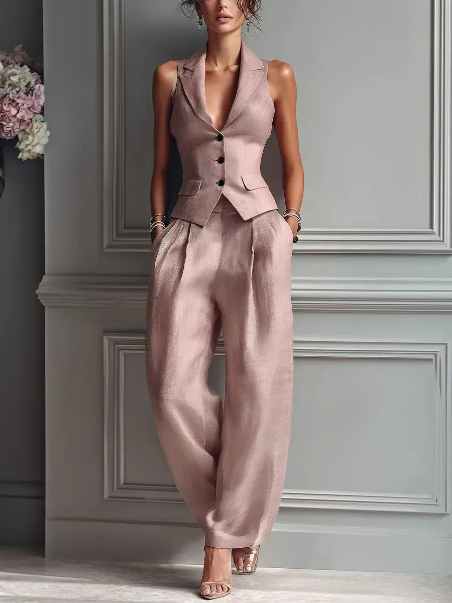 Women's Elegant Tailored Vest & Wide-Leg Pants Set - 2 Piece Chic Power Suit for Office & Leisure